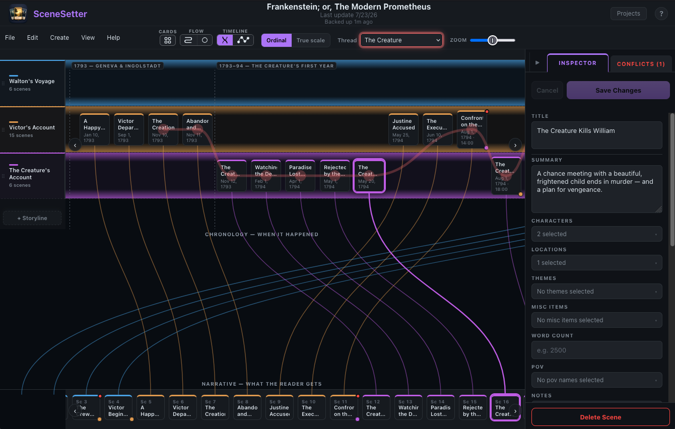 Loom timeline view showing Chronology and Narrative rows connected by wires, with storyline lanes