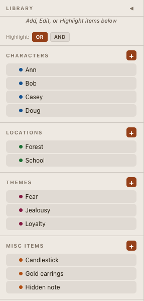 Library panel showing characters, locations, themes
