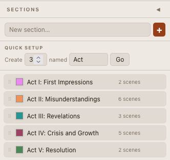 Sections panel with color-coded acts